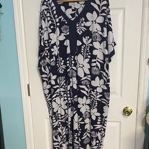 Stan Herman Navy and White Floral Kaftan with Side Pockets Size 1XL